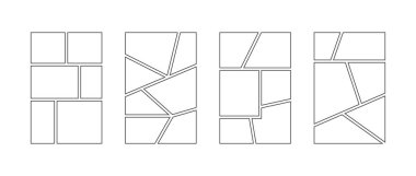 Çizgi roman çerçevesi koleksiyonu. Pop sanat şablonu kılavuz sayfası ayarlandı. Fotoğraf, poster, manga modeli için Storyboard tasarım paketi. Boş resim kolajı düzenleme paketi. Ruh hali kurul fikirleri. Vektör