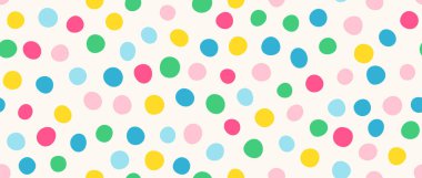 Güzel bir doğum günü polkası. Noktasız desen. Pastel konfeti arka planında tekrarlanmış. Paskalya ambalaj kağıdı için güzel noktalı duvar kâğıdı, doğum günü dekorasyonu, çocuk doğum günü dekorasyonu. Vektör