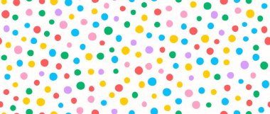 Renkli, pürüzsüz doğum günü polka deseni. Parlak yuvarlak konfeti arka planı. Paskalya ambalaj kâğıdı için şirin noktalı duvar kâğıdı, çocuk doğum günü dekorasyonu, doğum günü dekorasyonu. Vektör