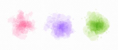 Suluboya tarzında pembe, mor ve yeşil lekeler. Yumuşak sıvı suluboya doku sıçrama efektleri. Yuvarlak mürekkep ya da boya fırçası şekilli elementler. Pastel ıslak renk sıçramaları, lekeler, lekeler, damlalar. Vektör