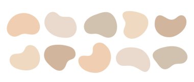 Bej organik kutu koleksiyonu. Düzensiz sıvı çerçeve seti. Soyut amip kabarcıkları, lekeler, damlalar veya lekeler. Etiket, etiket, etiket, pankart, poster, broşür için vektör kremi sınır tasarımı şablonları