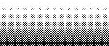Kare piksel yarım ton eğim dokusu. Soluk kareli duvar kâğıdı. Siyah beyaz nokta arkaplan. Soyut kaybolan çizgi roman arkaplanı. Vektör tekrarlanan raster etkisi üstüste