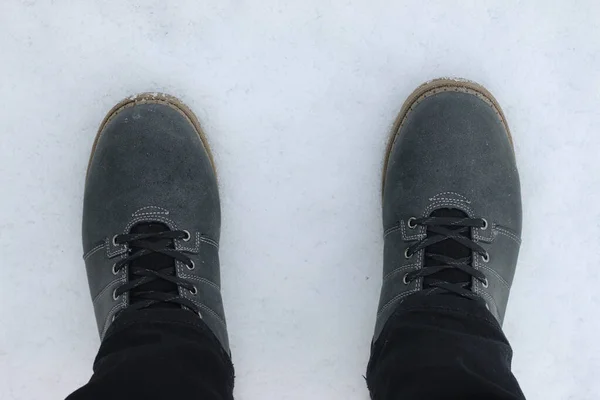 Duas Botas Inverno Com Atadura Vista Superior Neve — Fotografia de Stock