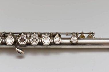 Beyaz arka planda yumuşak gölgeli tuşları olan gümüşi bir müzik aleti.