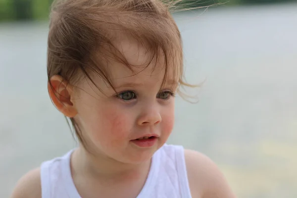 Lovely Little Child Fluttering Short Hair Blurred Lake Background — Stock Photo, Image