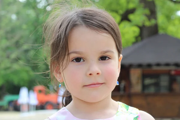 Lovely Smiling Little Girl Tail Sundress River Bank — Stock Photo, Image