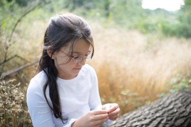 Gözlüklü bir kız ormanda bir ağaçta oturmuş, düşünceli bir şekilde elindeki bir şeye bakıyor. Arka planda bulanık altın çimenler ve gökyüzü, yumuşak doğal ışık, kopyalama alanı. Merak, yansıma ve çocukluk merakı kavramı.