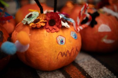 Ağzı ve gözleri korkuyu ifade eden yalnız balkabağı. Ürkütücü Cadılar Bayramı sembolü gizemli ve duygusal bir festival ortamı yaratıyor.