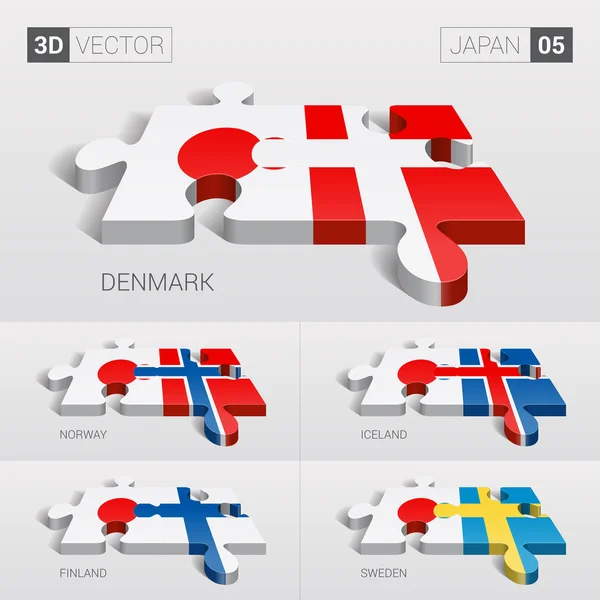 Japan and Denmark, Iceland, Norway, Finland, Sweden Flag. 3d vector puzzle. Set 05. — Stockvector