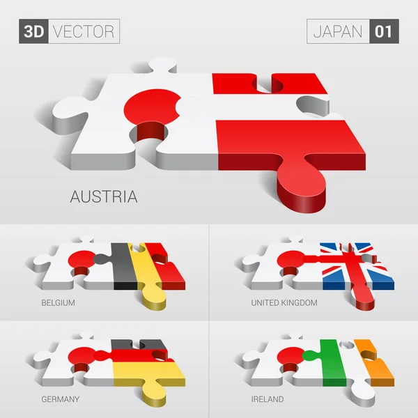 Japón y Austria, Bélgica, Reino Unido, Alemania, Irlanda Bandera. rompecabezas vector 3d. Set 01 . — Vector de stock