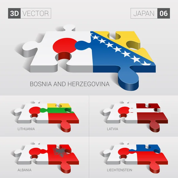 Japan and Bosnia and Herzegovina, Lithuania, Latvia, Albania, Liechtenstein Flag. 3d vector puzzle. Set 06. — 스톡 벡터
