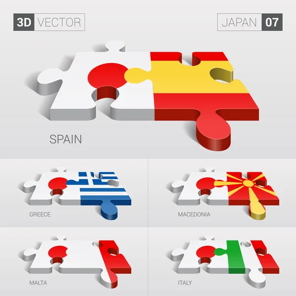 Japón y España, Grecia, Macedonia, Malta, Italia Bandera. rompecabezas vector 3d. Set 07 . — Vector de stock