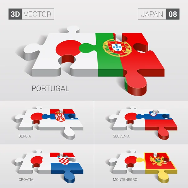 Japón y Portugal, Serbia, Eslovenia, Croacia, Montenegro Bandera. rompecabezas vector 3d. Set 08 . — Vector de stock