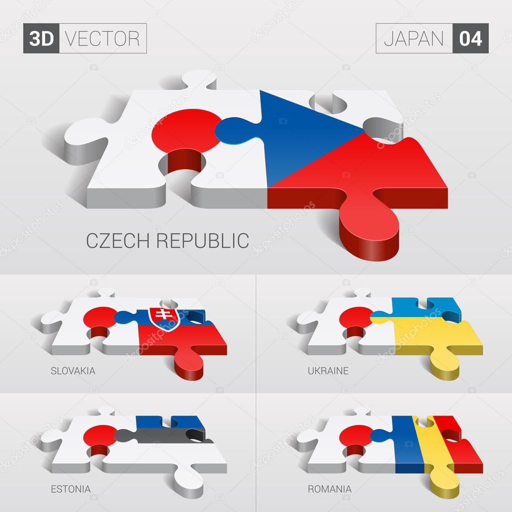 Japan and Czech, Slovakia, Ukraine, Estonia, Romania Flag. 3d vector puzzle. Set 04.