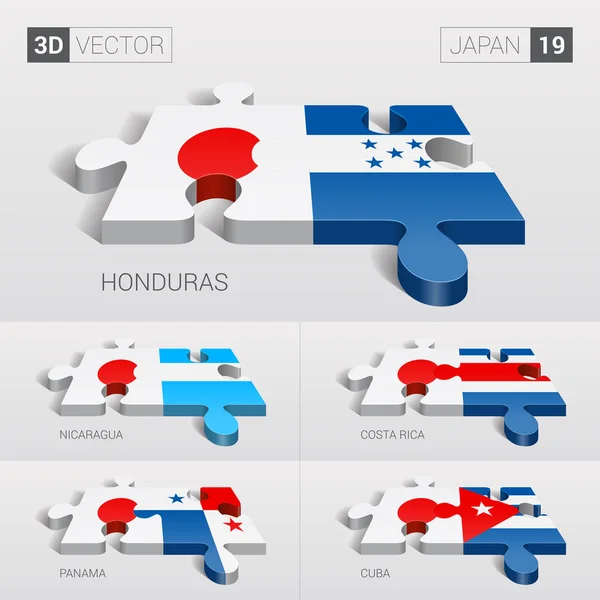 Japan and Honduras, Nicaragua, Costa Rica, Panama, Cuba Flag. 3d vector puzzle. Set 19. — Stock vektor