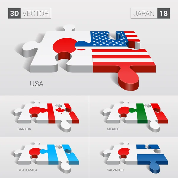 Japón y Estados Unidos, Canadá, México, Guatemala, Salvador Bandera. rompecabezas vector 3d. Set 18 . — Vector de stock