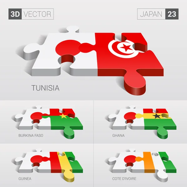 Japón y Túnez, Burkina Faso, Ghana, Guinea, Costa de Marfil. rompecabezas vector 3d. Set 23 . — Vector de stock