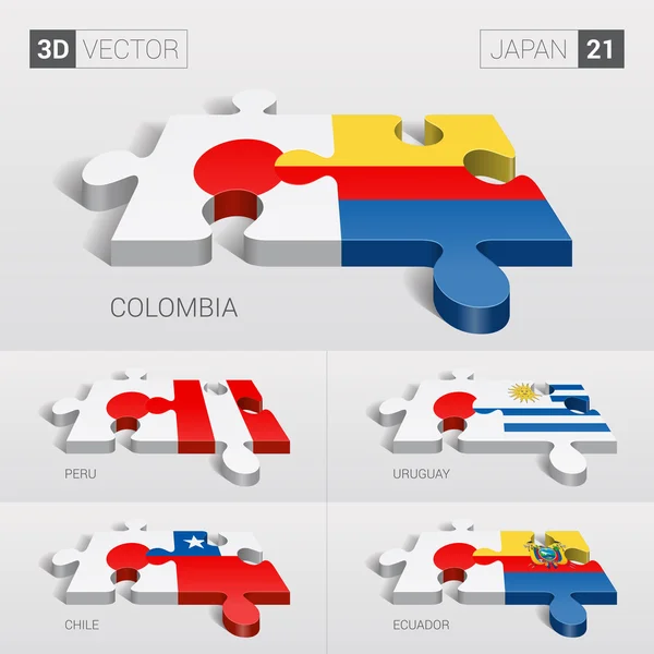 Japan and Colombia, Peru, Uruguay, Chile, Ecuador Flag. 3d vector puzzle. Set 21. — Stock vektor