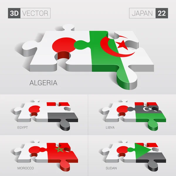 Japón y Argelia, Egipto, Libia, Marruecos, Sudán Bandera. rompecabezas vector 3d. Set 22 . — Vector de stock