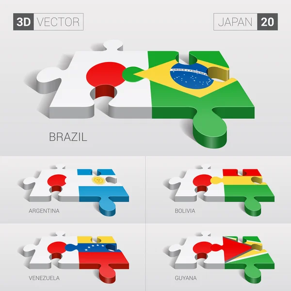 Japan and Brazil, Argentina, Bolivia, Venezuela, Guyana Flag. 3d vector puzzle. Set 20. — 스톡 벡터