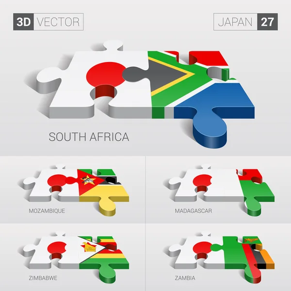 Bandera de Japón y Sudáfrica, Mozambique, Madagascar, Zimbabwe, Zambia. rompecabezas vector 3d. Set 27 . — Vector de stock