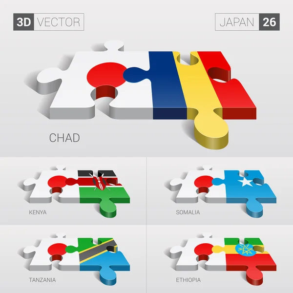 Japón y Chad, Kenia, Somalia, Tanzania, Etiopía Bandera. rompecabezas vector 3d. Set 26 . — Vector de stock