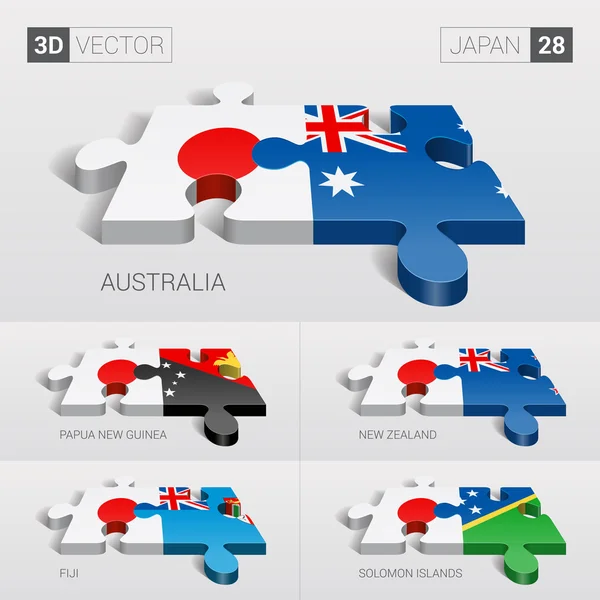Giappone e Australia, Papua Nuova Guinea, Nuova Zelanda, Figi, Isole Salomone Bandiera. Puzzle vettoriale 3d. Set 28 . — Vettoriale Stock