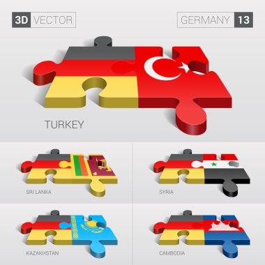 Almanya ve Türkiye'de, Sri Lanka, Suriye, Kazakistan, Kamboçya bayrağı. 3D vektör bulmaca. 13 ayarla.