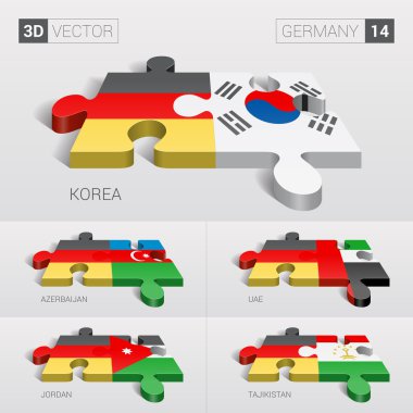 Almanya ve Kore, Azerbaycan, BAE, Jordan, Tacikistan bayrağı. 3D vektör bulmaca. 14 ayarla.