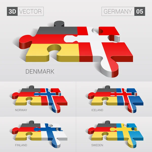 Alemania y Dinamarca, Islandia, Noruega, Finlandia, Suecia Bandera. rompecabezas vector 3d. Set 05 . — Vector de stock