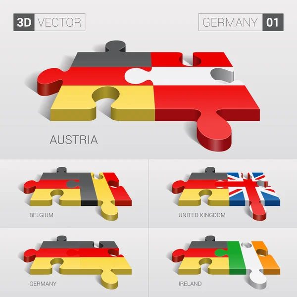 Germany and Austria, Belgium, United Kingdom, Germany, Ireland Flag. 3d vector puzzle. Set 01. — 스톡 벡터