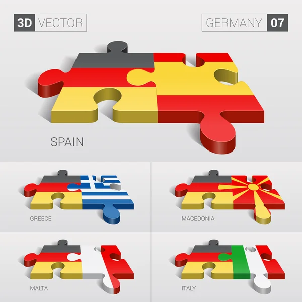 Germany and Spain, Greece, Macedonia, Malta, Italy Flag. 3d vector puzzle. Set 07. — Διανυσματικό Αρχείο