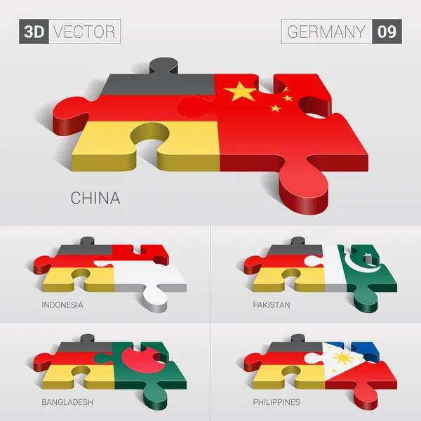 Germany and China, Indonesia, Pakistan, Bangladesh, Philippines Flag. 3d vector puzzle. Set 09. — Stockvector