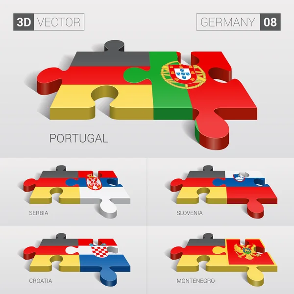 Alemania y Portugal, Serbia, Eslovenia, Croacia, Montenegro Bandera. rompecabezas vector 3d. Set 08 . — Vector de stock