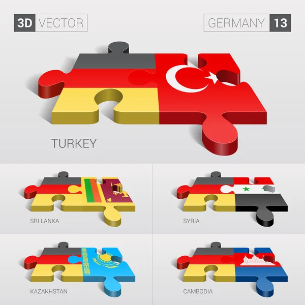 Almanya ve Türkiye'de, Sri Lanka, Suriye, Kazakistan, Kamboçya bayrağı. 3D vektör bulmaca. 13 ayarla.