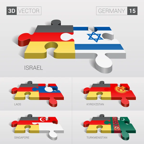 Alemania e Israel, Laos, Kirguistán, Singapur, Turkmenistán Bandera. rompecabezas vector 3d. Set 15 . — Vector de stock