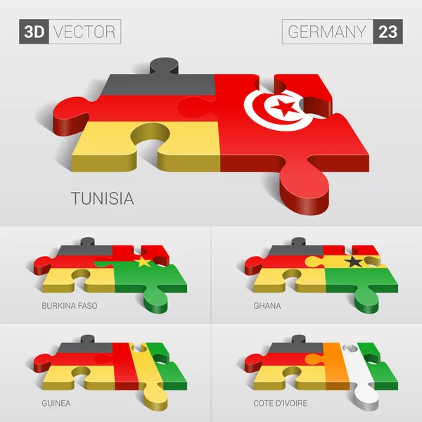 Allemagne et Tunisie, Burkina Faso, Ghana, Guinée, Côte d'Ivoire Drapeau. Puzzle vectoriel 3D. Set 23 . — Image vectorielle