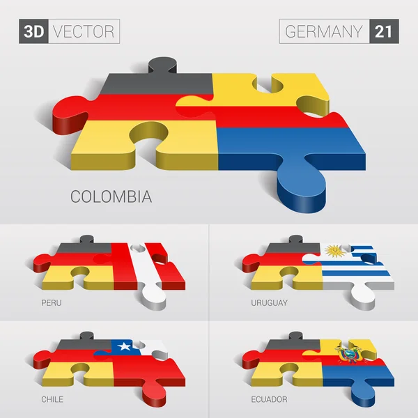 Germania e Colombia, Perù, Uruguay, Cile, Ecuador Bandiera. Puzzle vettoriale 3d. Set 21 . — Vettoriale Stock