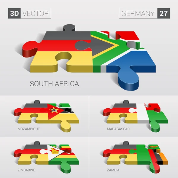 Bandera de Alemania y Sudáfrica, Mozambique, Madagascar, Zimbabue, Zambia. rompecabezas vector 3d. Set 27 . — Vector de stock