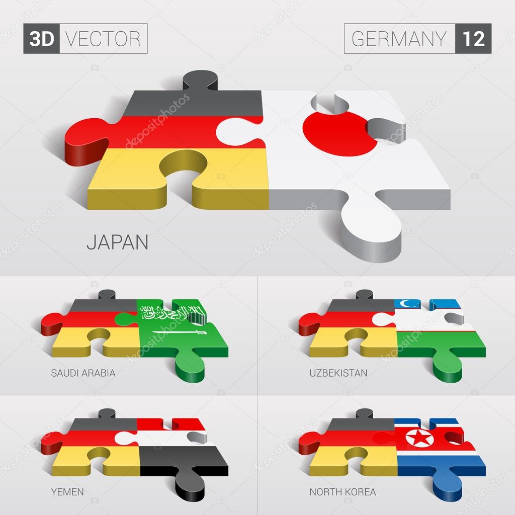 Germany and Japan, Saudi Arabia, Uzbekistan, Yemen, North Korea Flag. 3d vector puzzle. Set 12.