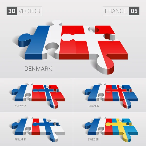 Γαλλία και Δανία, Ισλανδία, Νορβηγία, Φινλανδία, Σουηδία σημαία. 3D διανυσματικά παζλ. Σύνολο 05. — Διανυσματικό Αρχείο