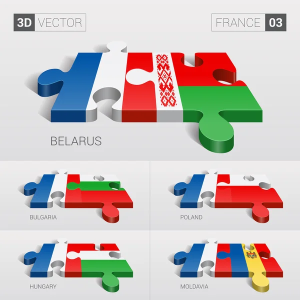 Frankrijk en Belarus, Bulgarije, Polen, Hongarije, Moldavië vlag. 3D vector puzzel. Set 03. — Stockvector