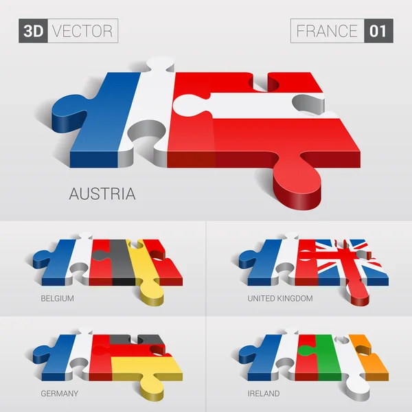 Francia y Austria, Bélgica, Reino Unido, Alemania, Irlanda Bandera. rompecabezas vector 3d. Set 01 . — Vector de stock