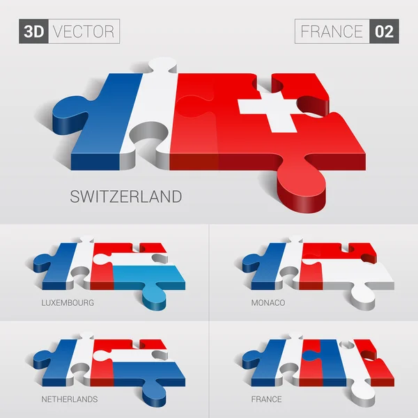 Francia e Svizzera, Lussemburgo, Monaco, Paesi Bassi, Francia bandiera. Puzzle vettoriale 3d. Set 02 . — Vettoriale Stock