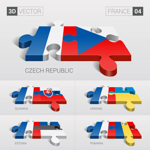 Fransa ve Çek, Slovakya, Ukrayna, Estonya, Romanya Bayrağı. 3d vektör bulmaca. Set 04.