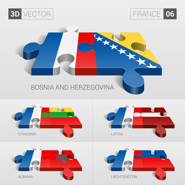 France et Bosnie-Herzégovine, Lituanie, Lettonie, Albanie, Liechtenstein Drapeau. Puzzle vectoriel 3D. Set 06 . — Image vectorielle