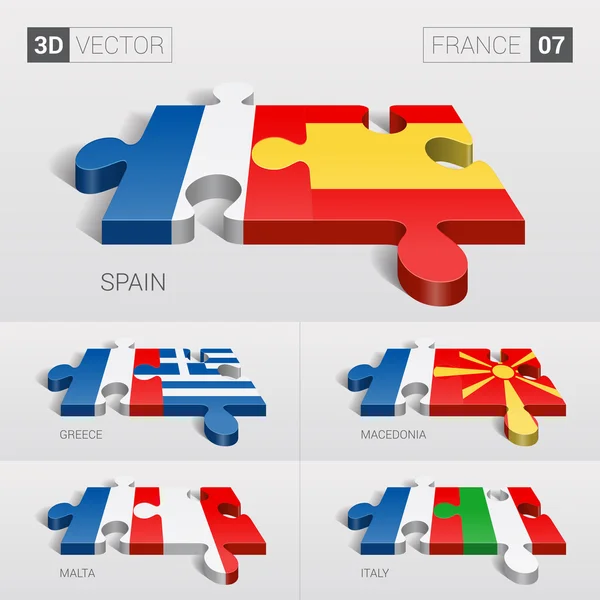 Bandera de Francia y España, Grecia, Macedonia, Malta, Italia. rompecabezas vector 3d. Set 07 . — Vector de stock