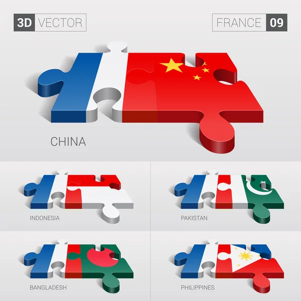 Bandera de Francia y China, Indonesia, Pakistán, Bangladesh, Filipinas. rompecabezas vector 3d. Set 09 . — Vector de stock