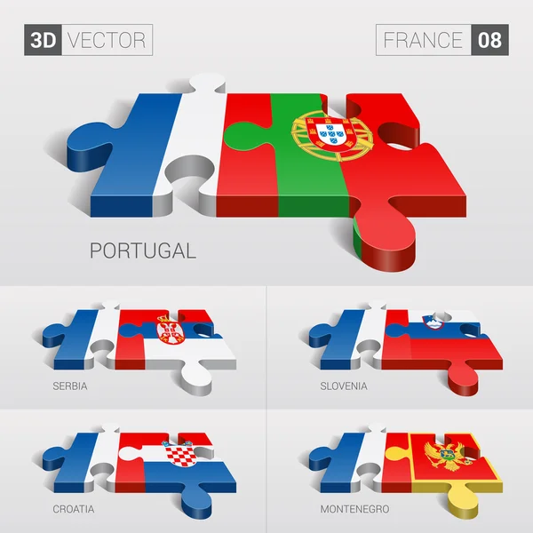 Francja i Portugalia, Serbia, Słowenia, Chorwacja, Czarnogóra flaga. Puzzle 3D wektor. Zestaw 08. — Wektor stockowy