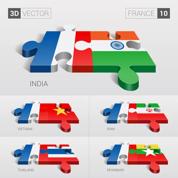 프랑스와 인도, 베트남, 이란, 태국, 미얀마 국기. 3D 벡터 퍼즐. 세트 10. — 스톡 벡터